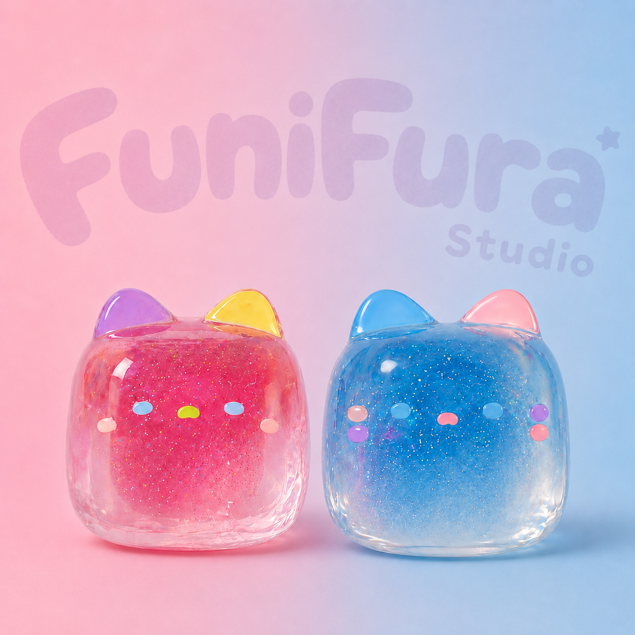 80g 水感レッド＆ブルー2カラーミルクキャンディねこスクイーズ｜透ける飴ツヤ×ぷるんぶるん弾力が可愛い手作り｜