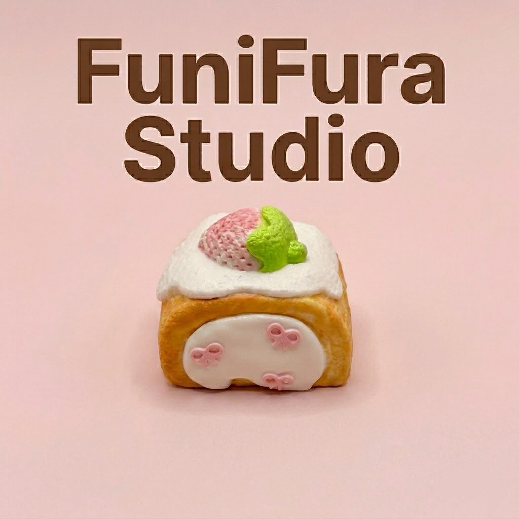 Funifura｜140gふわとろ濃厚ソフトクリーム感リボンいちごロールケーキスクイーズ｜なめらかソフトクリーム触感・しっとりやわらか・苺トッピング・癒し系ストレス解消トイ